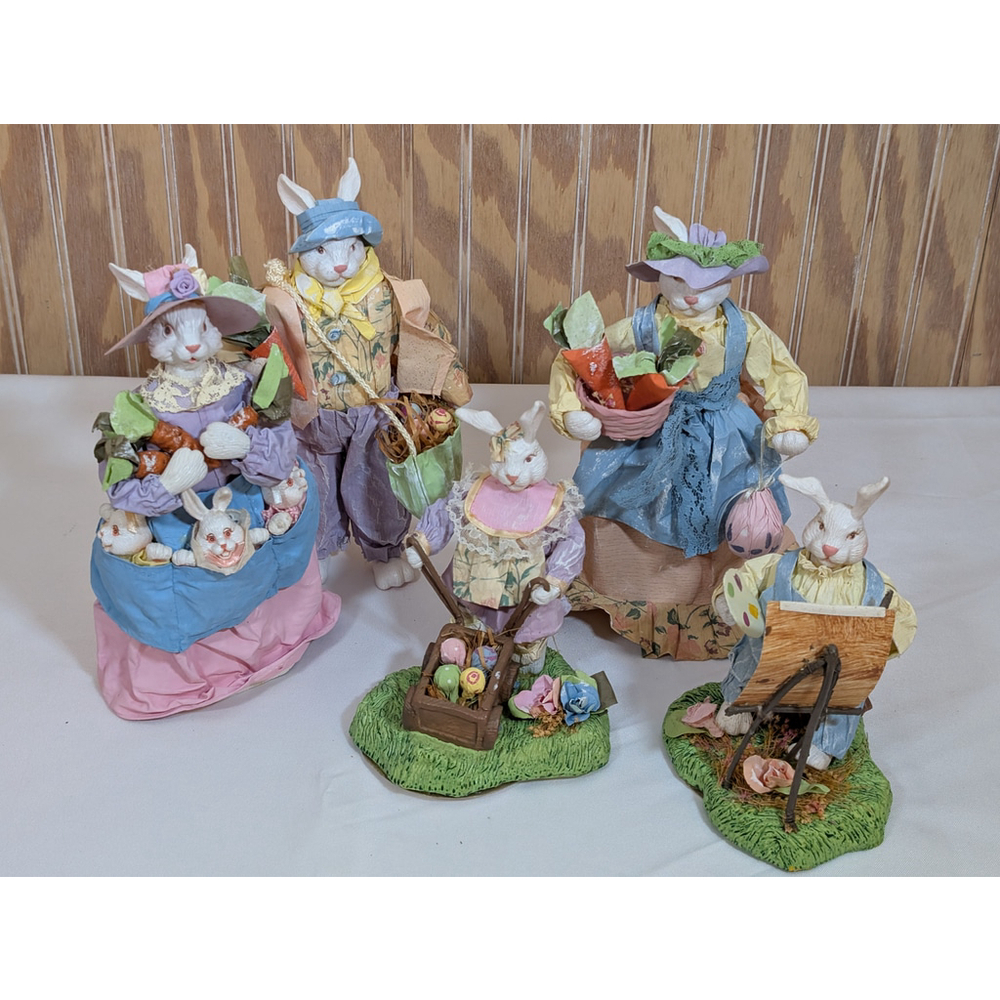 Vintage Paper Mache / Resin Easter Bunny Figurines Set of 6 (1 missing foot)